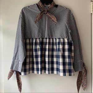 Zara Trafaluc Blue Gingham Plaid Ribbon Top